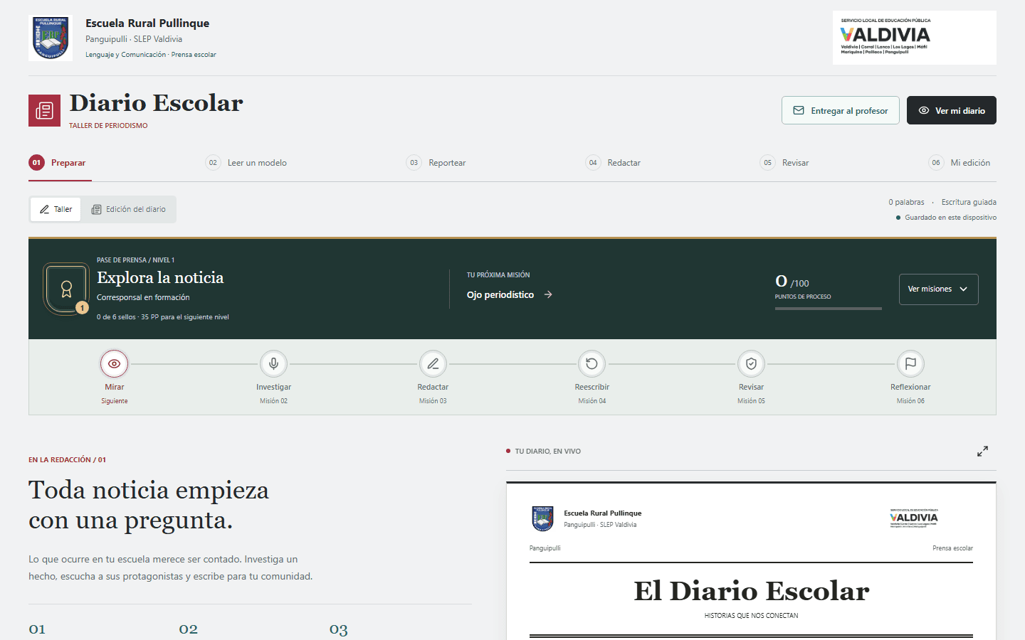 Mesa de trabajo de Diario Escolar con recorrido de misiones, etapas de escritura y vista previa de una noticia