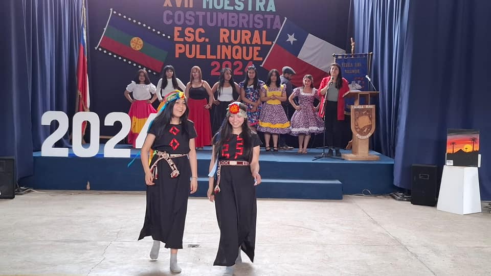 Estudiantes participando en una muestra costumbrista de Escuela Rural Pullinque