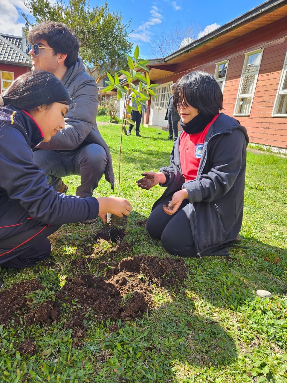 Estudiantes de Escuela Rural Pullinque participando en una plantación en el patio escolar
