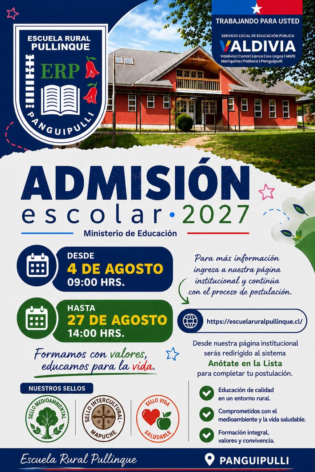 Comunicado de la Escuela Rural Pullinque sobre el proceso de Admisión Escolar 2027
