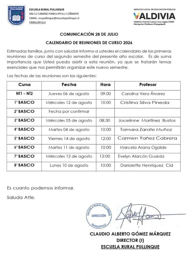 Calendario de reuniones de cursos de la Escuela Rural Pullinque para agosto de 2026