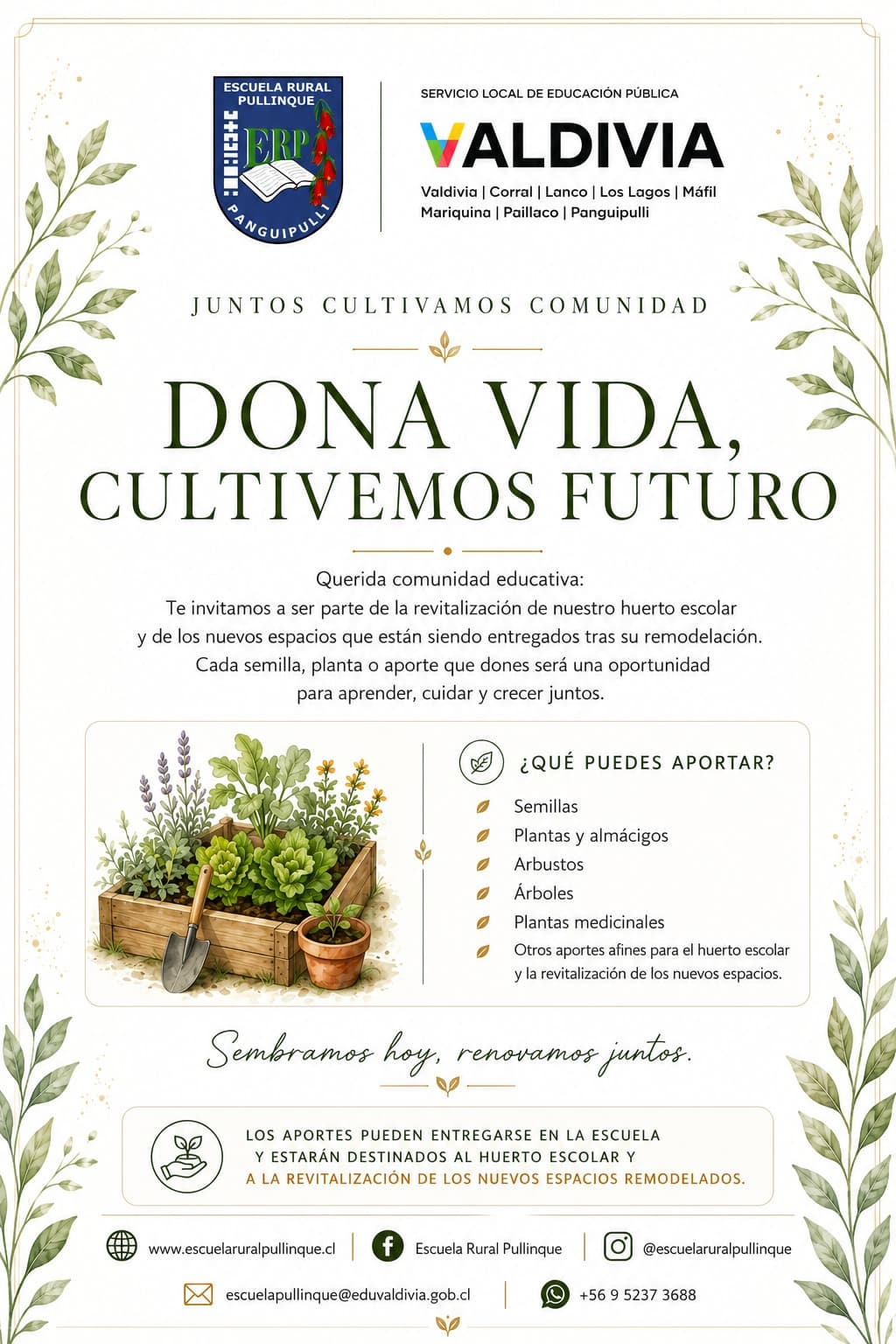 Comunicado de campaña de donaciones para el huerto escolar de la Escuela Rural Pullinque
