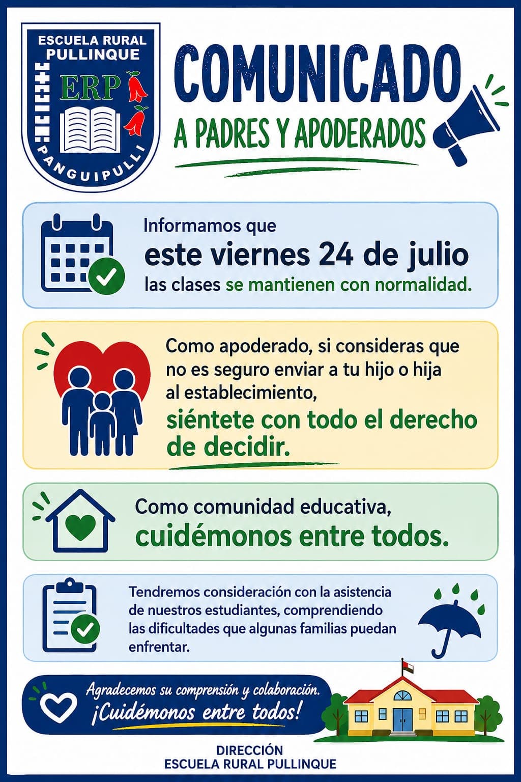 Comunicado archivado de clases en horario normal del 24 de julio de 2026