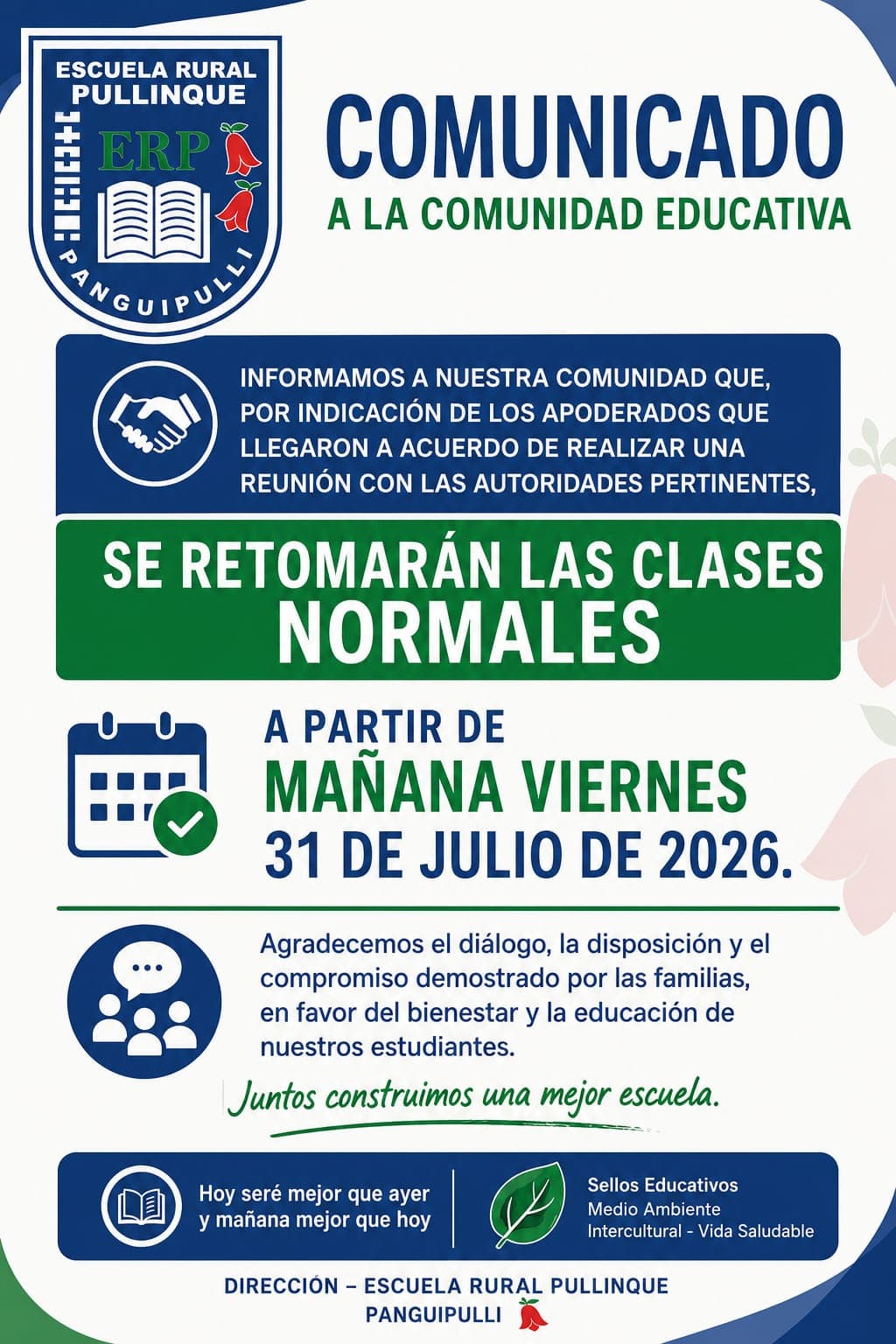 Comunicado archivado sobre retorno a clases regulares del 31 de julio de 2026